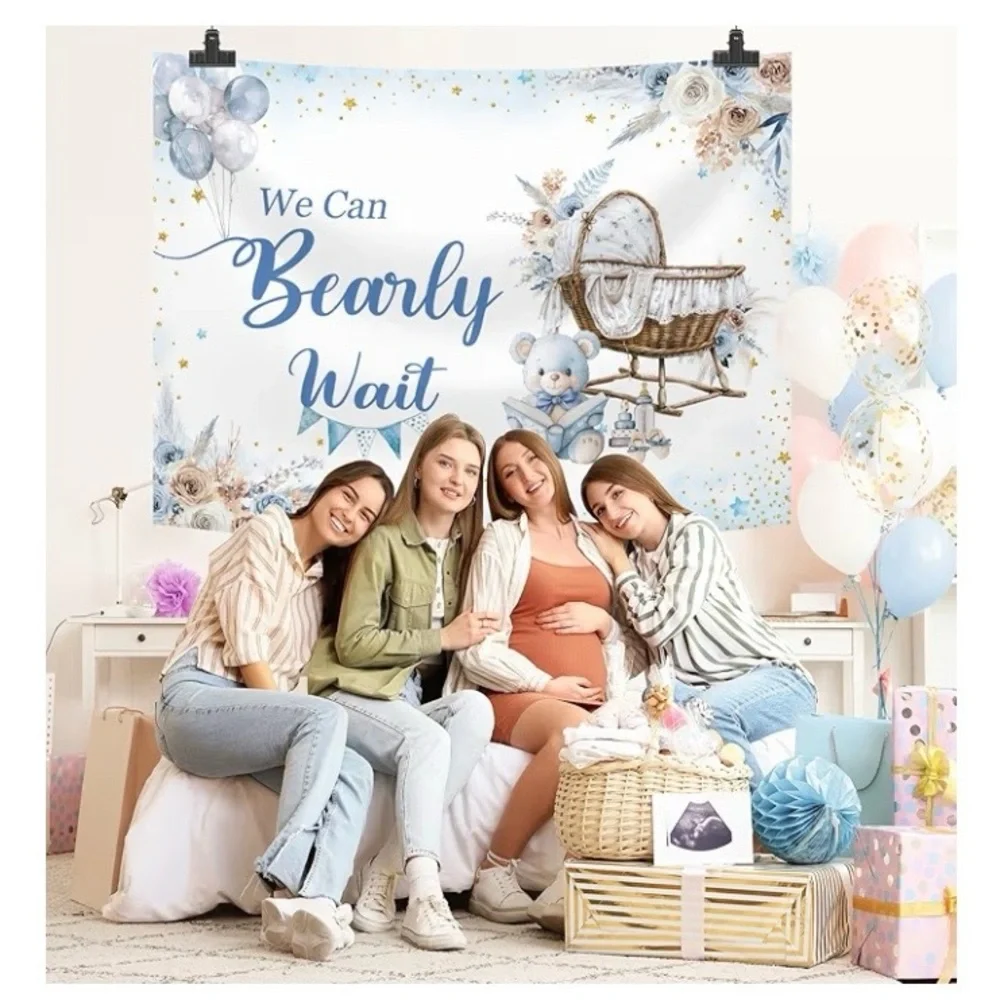 7x5ft Blue Bear Baby Shower Backdrop, We Can Bearly Wait Baby.NEW SEALED PACKAGE